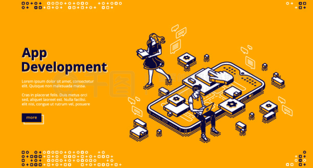 移動應用程序開發等距登陸頁面。用戶體驗,ui ux 手機界面設計創作。巨大的智能手機上的小人在小工具軟件應用程序、3d 矢量線條藝術網頁橫幅上工作。移動應用程序開發等距登陸頁面